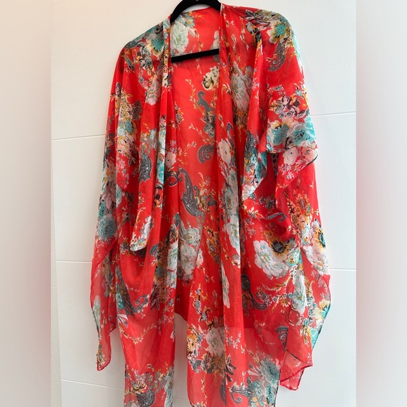 Bohemian floral chiffon swim coverup summer vacation beach pool casual party M - Picture 8 of 10